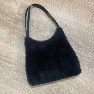 90s Vintage Black Faux Fur Shoulder Bag